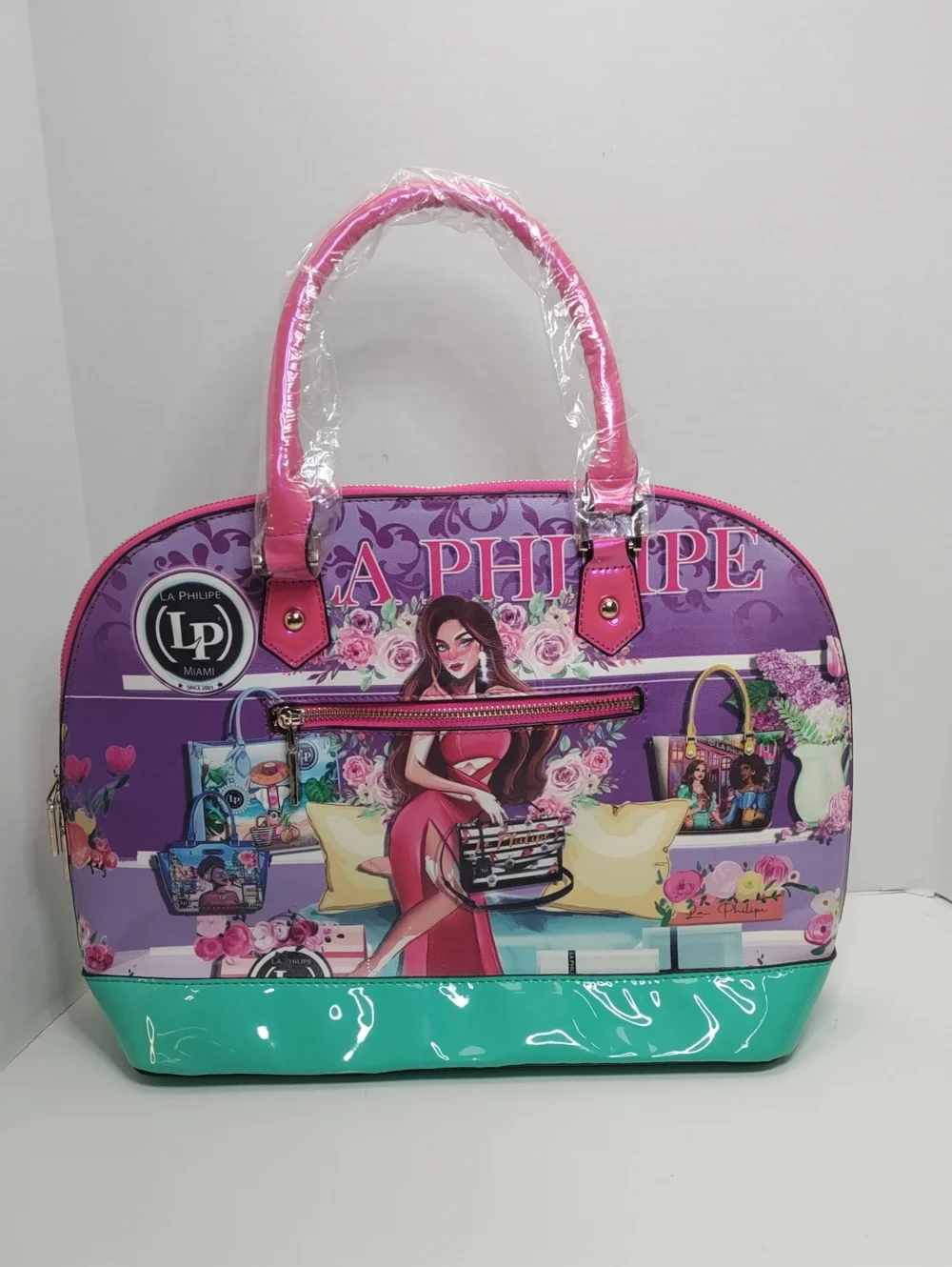 LA Philipe Pink & Teal Graphic Dome Handbag With Strap NWT With Dust Bag.